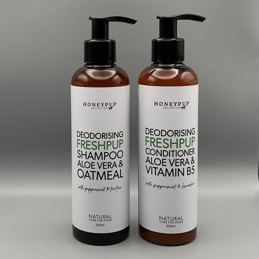 natural dog shampoo, dog shampoo, deodorising dog shampoo, dog grooming products, Honeypup Collection