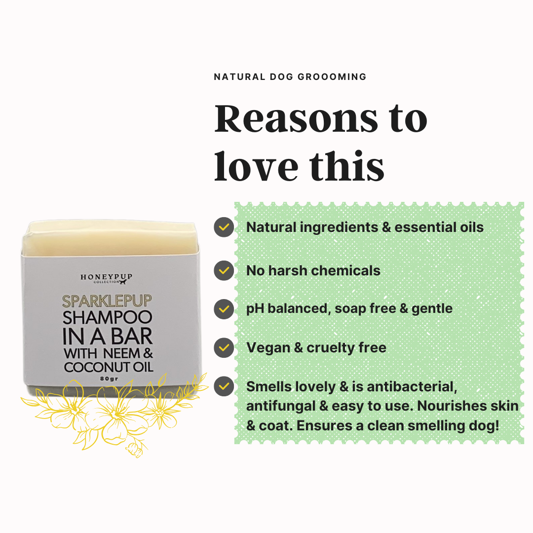 natural ingredients and essential in this shampoo bar for dogs, no harsh chemicals in this shampoo bar, smells lovely and is antibacterial and antifungal, is easy to use and lasts a long time, honeypup collection.